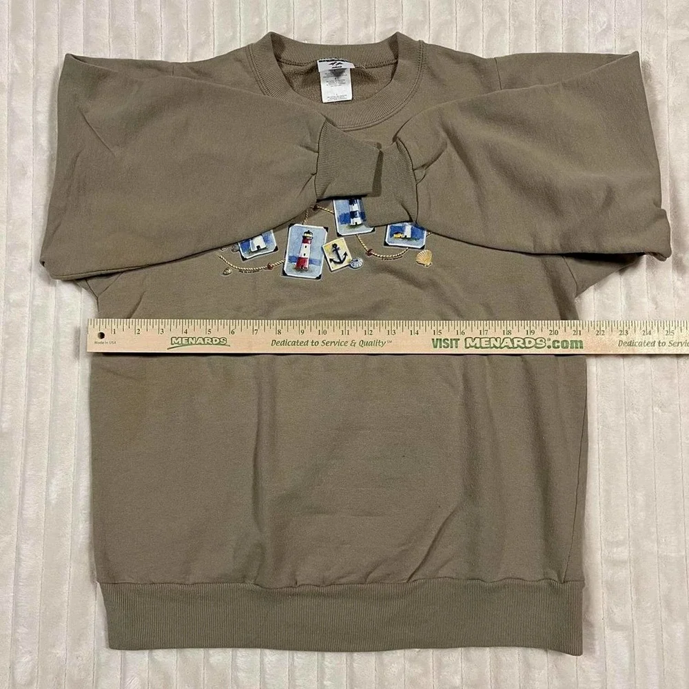 Large Khaki/Tan Light House Nautical Print Graphic Sweat Shirt - Picture 3 of 7